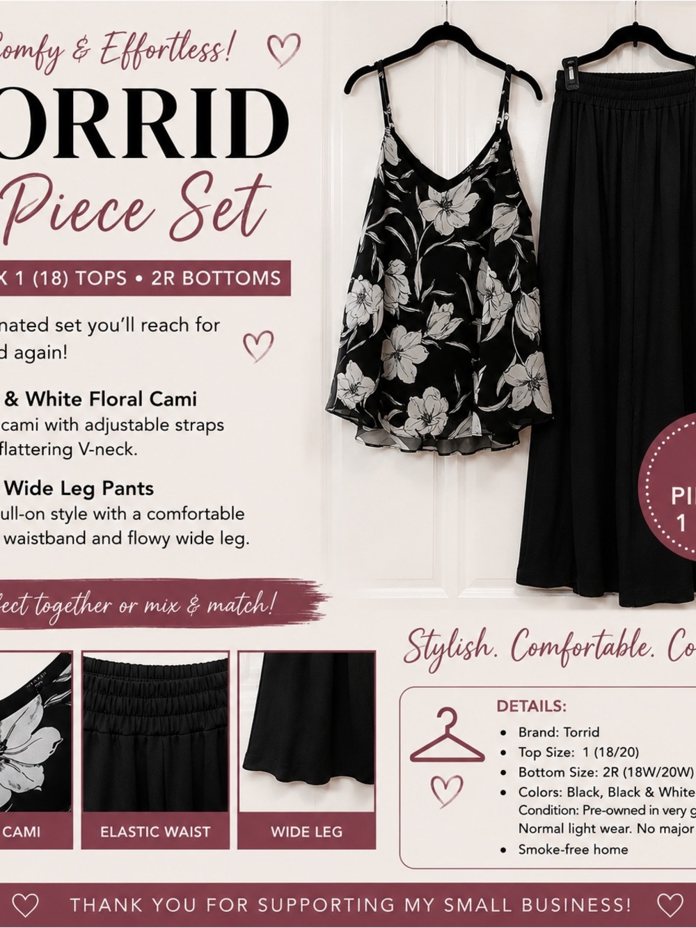 Torrid 2-Piece Floral Cami & Black Wide Leg Pants Set Plus Size